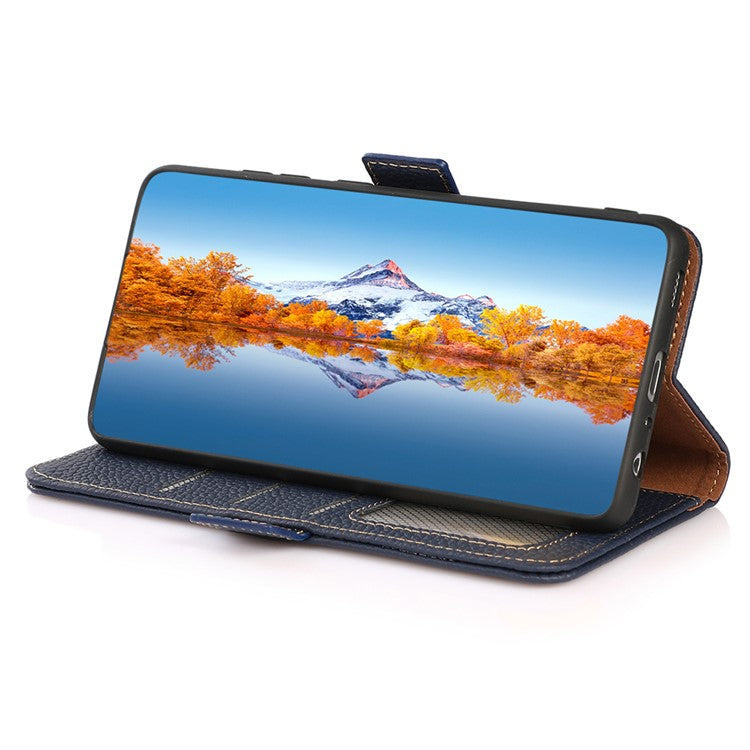 KHAZNEH For Motorola Moto G64 5G Phone Case RFID Blocking Genuine Cow Leather Flip Cover - Blue