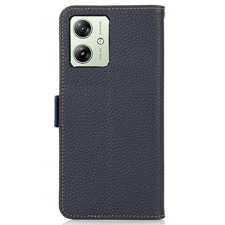 KHAZNEH For Motorola Moto G64 5G Phone Case RFID Blocking Genuine Cow Leather Flip Cover - Blue