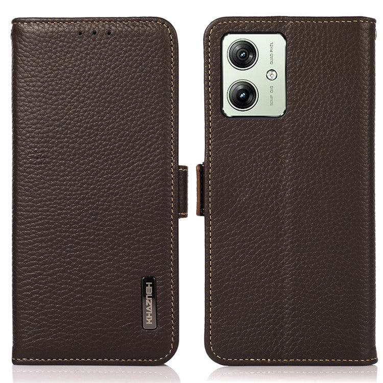 KHAZNEH For Motorola Moto G64 5G Phone Case RFID Blocking Genuine Cow Leather Flip Cover - Brown