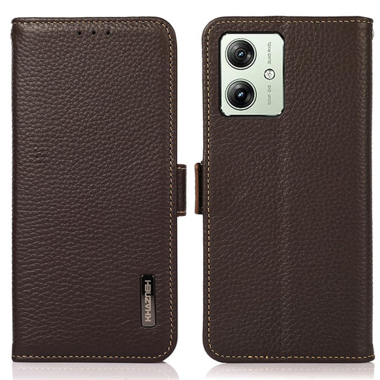 KHAZNEH For Motorola Moto G64 5G Phone Case RFID Blocking Genuine Cow Leather Flip Cover - Brown