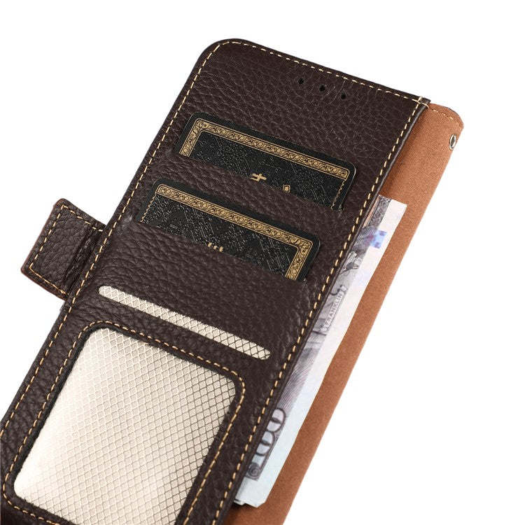 KHAZNEH For Motorola Moto G64 5G Phone Case RFID Blocking Genuine Cow Leather Flip Cover - Brown