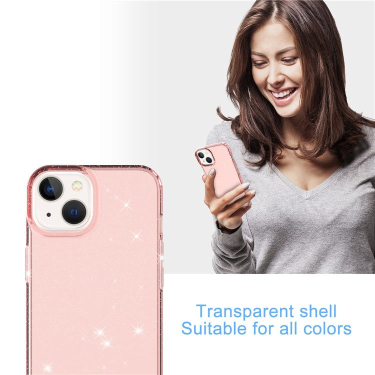 GW18 For iPhone 14 Plus Glitter Powder Design Clear TPU Case Phone Drop-proof Back Cover - Transparent Pink