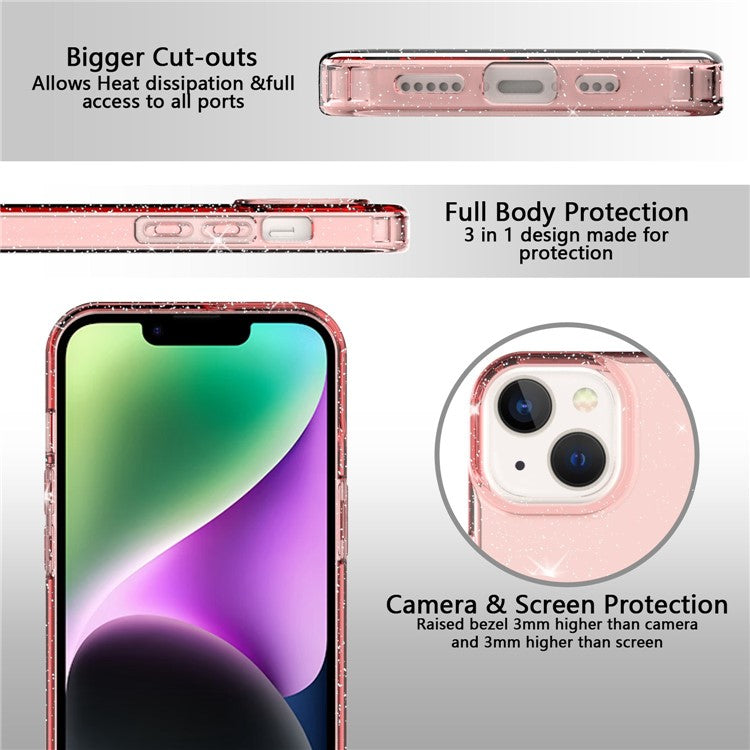 GW18 For iPhone 14 Plus Glitter Powder Design Clear TPU Case Phone Drop-proof Back Cover - Transparent Pink