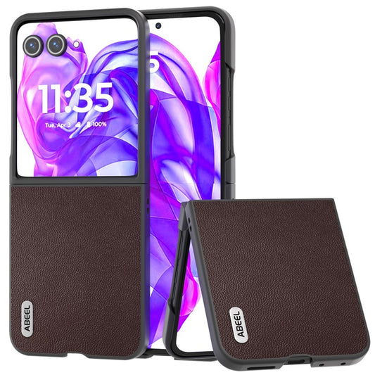 ABEEL For Motorola Razr 50 Ultra 5G Case Genuine Cow Leather PC Phone Cover Black Edge - Coffee
