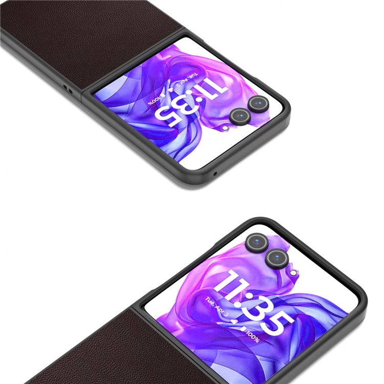 ABEEL For Motorola Razr 50 Ultra 5G Case Genuine Cow Leather PC Phone Cover Black Edge - Coffee