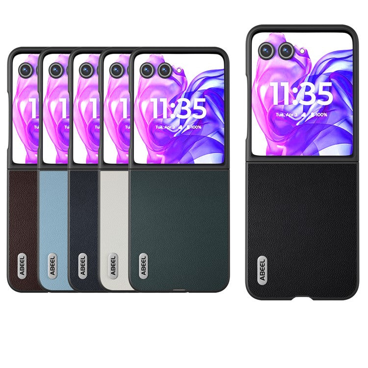 ABEEL For Motorola Razr 50 Ultra 5G Case Genuine Cow Leather PC Phone Cover Black Edge - Coffee