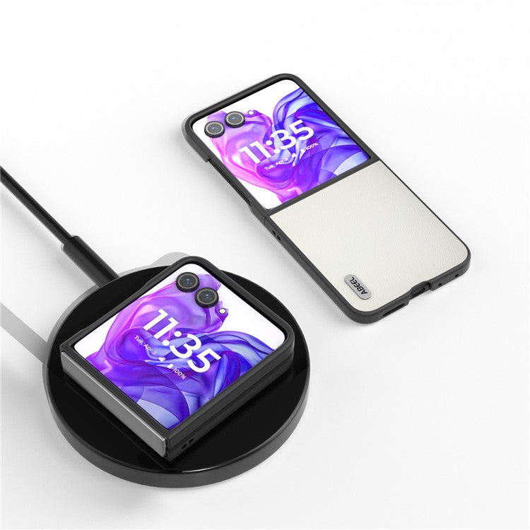 ABEEL For Motorola Razr 50 Ultra 5G Case Genuine Cow Leather PC Phone Cover Black Edge - White