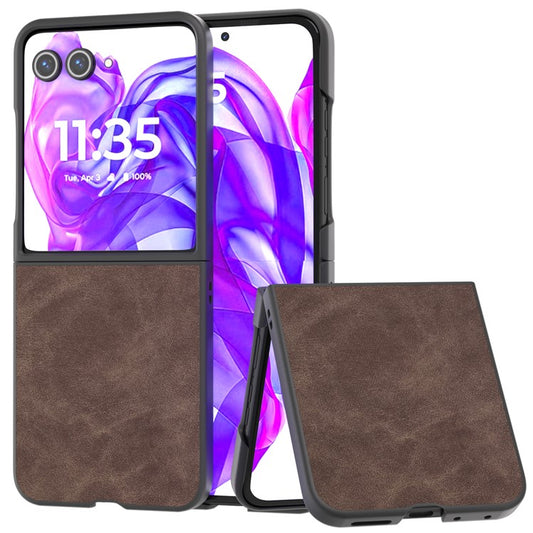 ABEEL For Motorola Razr 50 Ultra 5G Case Black Edge PU Leather+PC Folding Phone Cover - Coffee