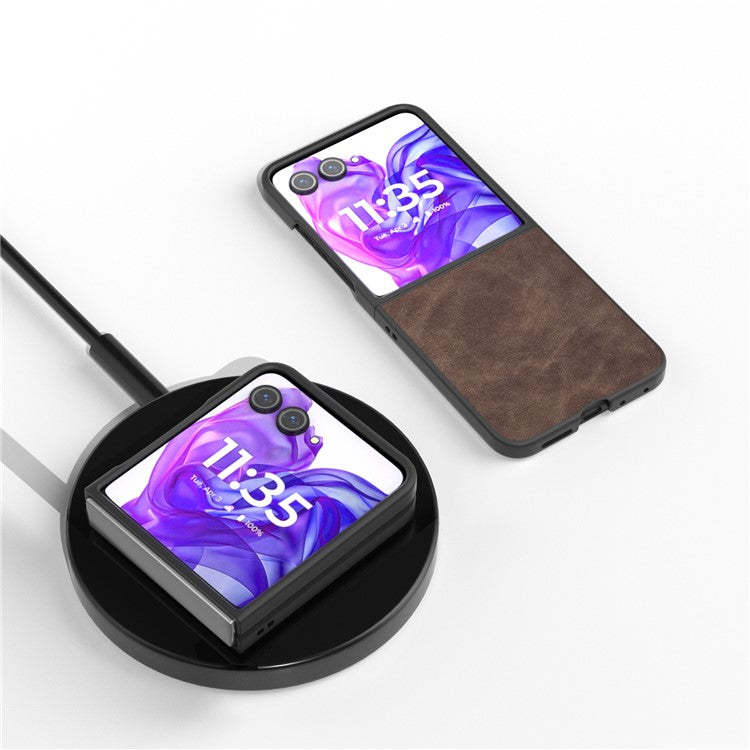 ABEEL For Motorola Razr 50 Ultra 5G Case Black Edge PU Leather+PC Folding Phone Cover - Coffee