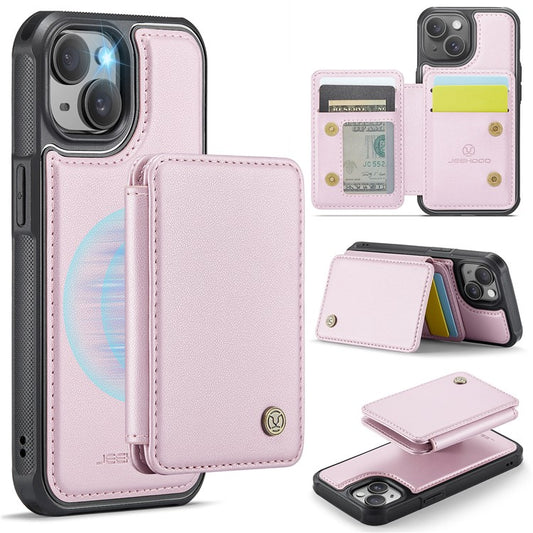 JEEHOOD J05 For iPhone 14 Plus Case Leather+TPU Phone Cover with 4 Card Slots - Pink