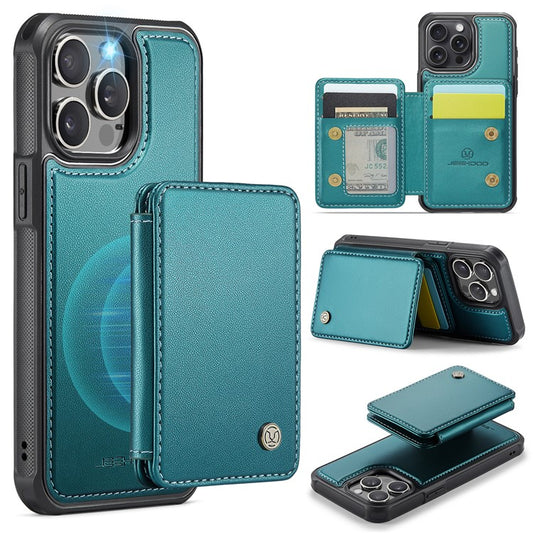 JEEHOOD J05 For iPhone 14 Pro Case Detachable Magnetic Card Holder Kickstand Phone Cover - Cyan
