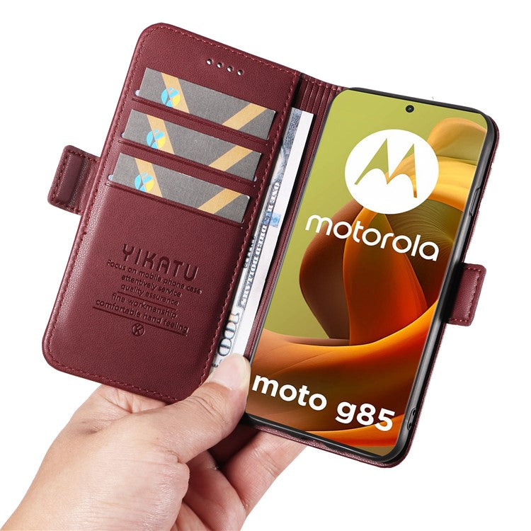 YIKATU YK-003 For Motorola Moto G85 5G / S50 Neo 5G Case PU Leather Phone Cover with Wallet Stand - Wine Red