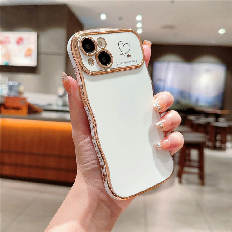 For iPhone 14 Plus Case Wave Frame with Love Heart Raised Camera Protection TPU Cover - Ivory White
