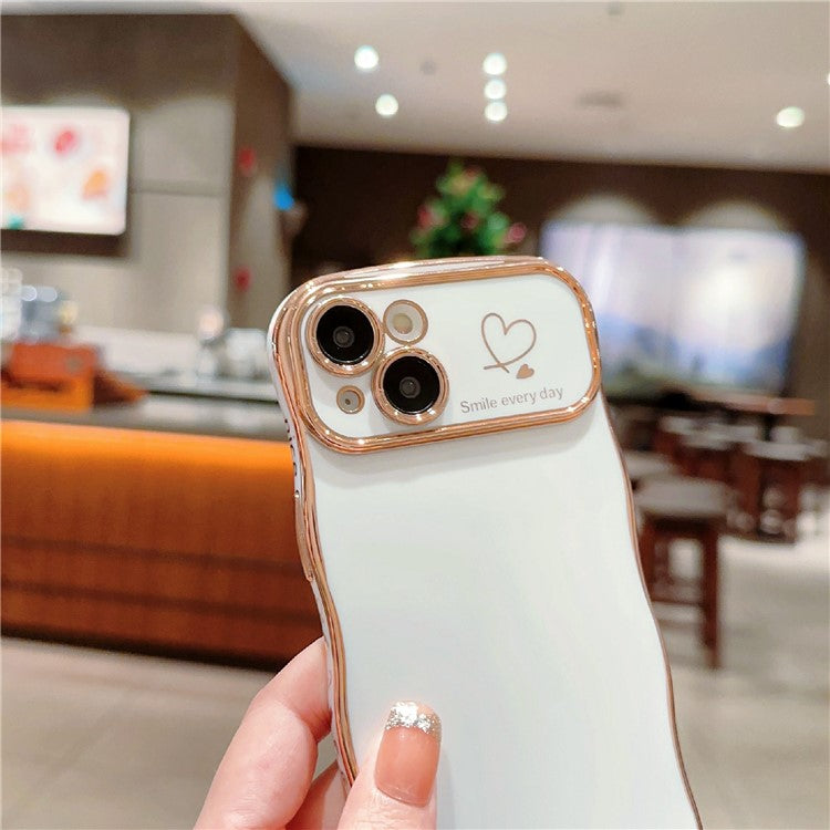 For iPhone 14 Plus Case Wave Frame with Love Heart Raised Camera Protection TPU Cover - Ivory White