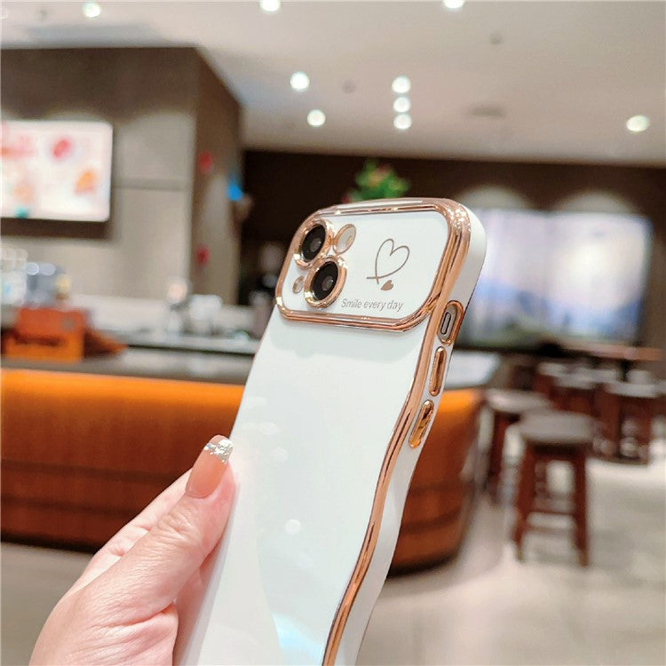 For iPhone 14 Plus Case Wave Frame with Love Heart Raised Camera Protection TPU Cover - Ivory White