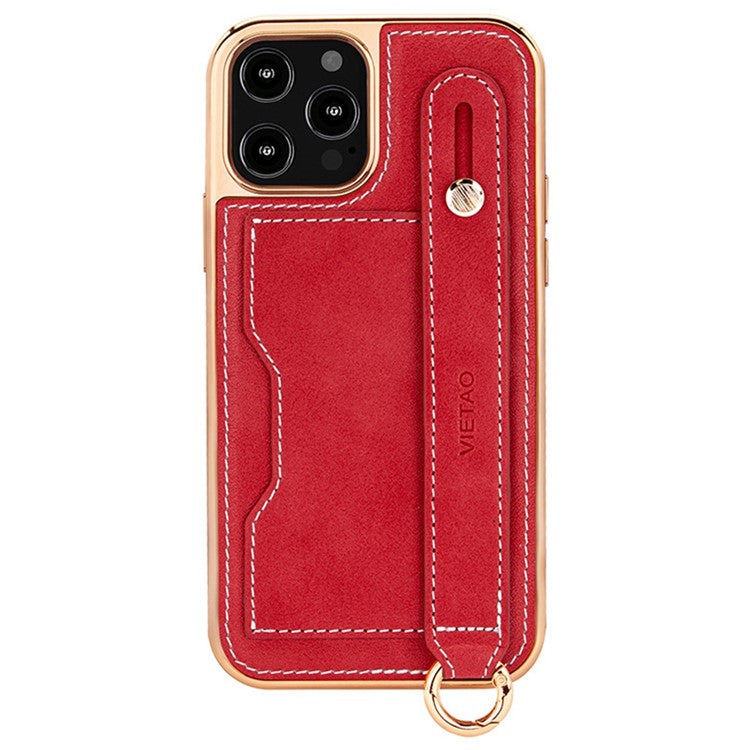 VIETAO Phone Case Card Holder For iPhone 14 Pro, Kickstand PU Leather + TPU Electroplating Phone Cover with Lanyard - Red