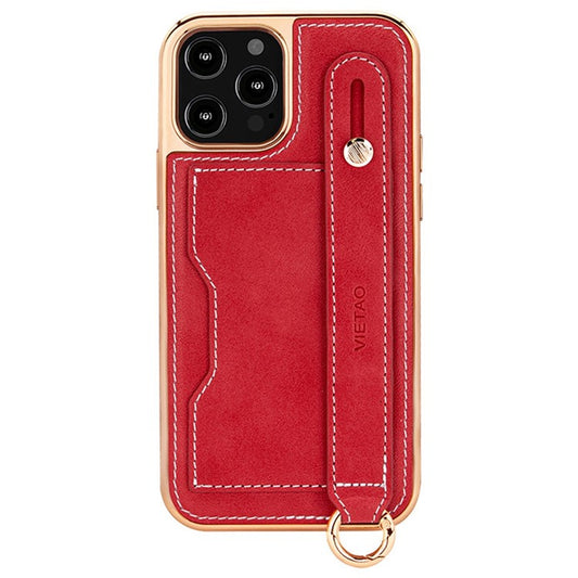 VIETAO Phone Case Card Holder For iPhone 14 Pro, Kickstand PU Leather + TPU Electroplating Phone Cover with Lanyard - Red