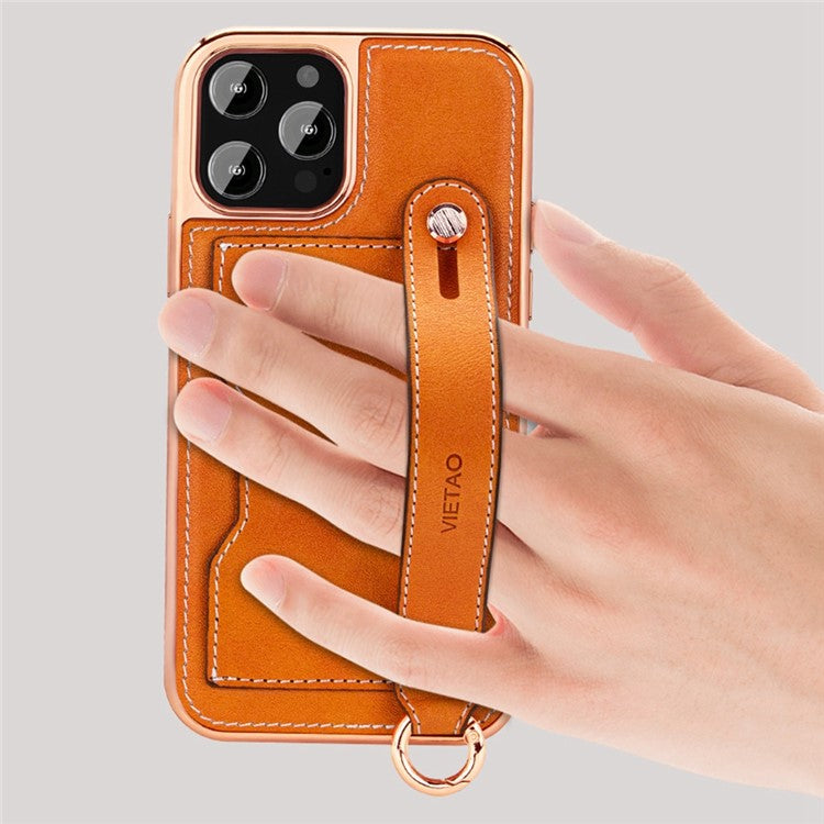 VIETAO Phone Case Card Holder For iPhone 14 Pro, Kickstand PU Leather + TPU Electroplating Phone Cover with Lanyard - Red