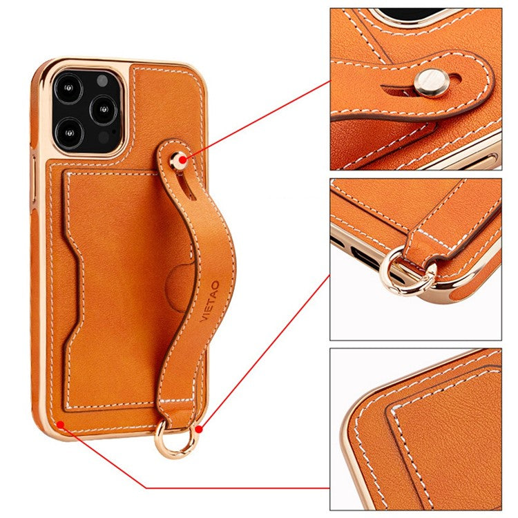 VIETAO Phone Case Card Holder For iPhone 14 Pro, Kickstand PU Leather + TPU Electroplating Phone Cover with Lanyard - Red