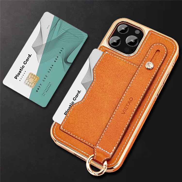 VIETAO Phone Case Card Holder For iPhone 14 Pro, Kickstand PU Leather + TPU Electroplating Phone Cover with Lanyard - Red