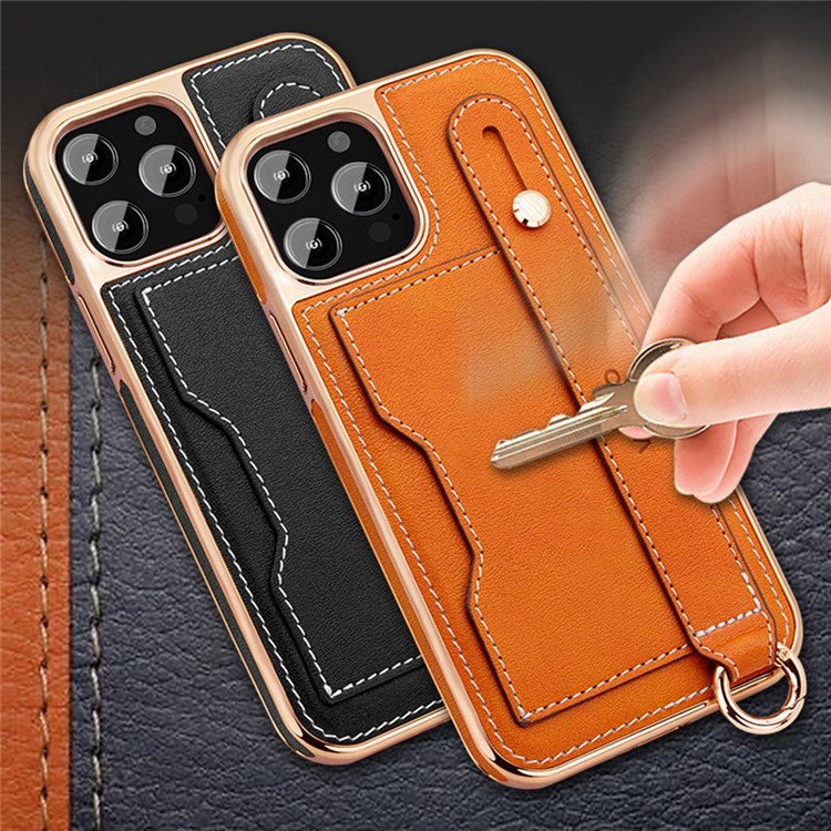 VIETAO Phone Case Card Holder For iPhone 14 Pro, Kickstand PU Leather + TPU Electroplating Phone Cover with Lanyard - Red