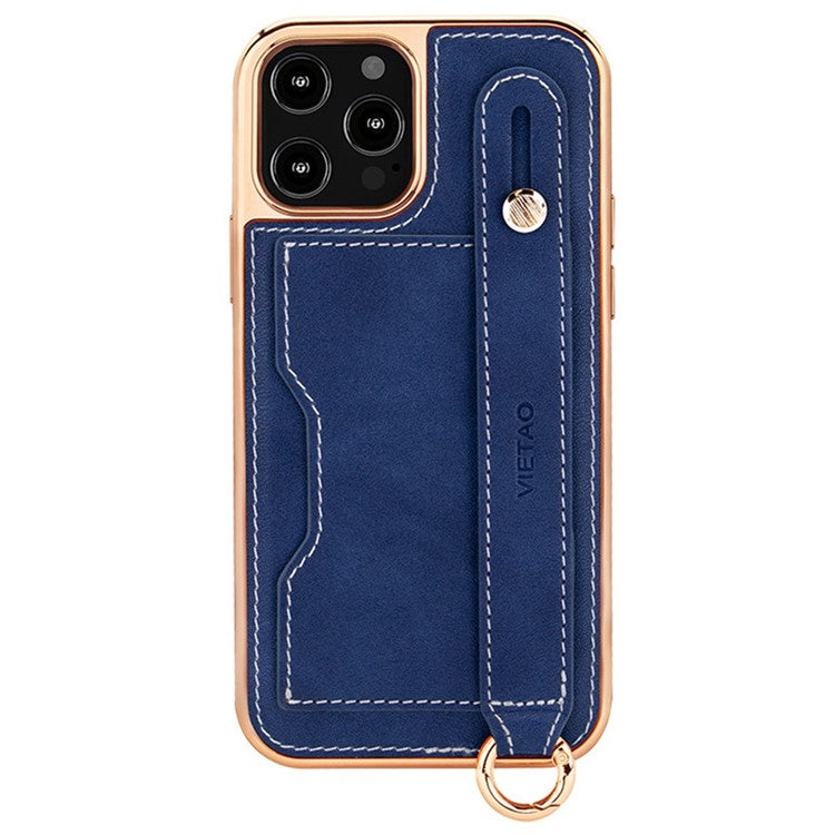 VIETAO For iPhone 14 Pro Max Anti-drop Phone Case Kickstand Scratch-resistant Electroplating Phone Cover with Card Slot and Lanyard - Blue
