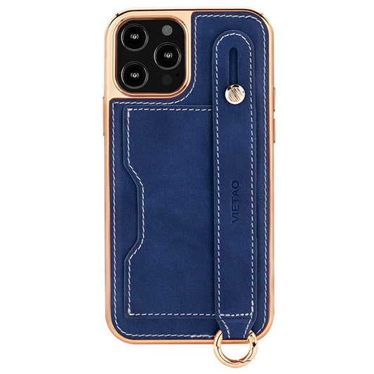 VIETAO For iPhone 14 Pro Max Anti-drop Phone Case Kickstand Scratch-resistant Electroplating Phone Cover with Card Slot and Lanyard - Blue