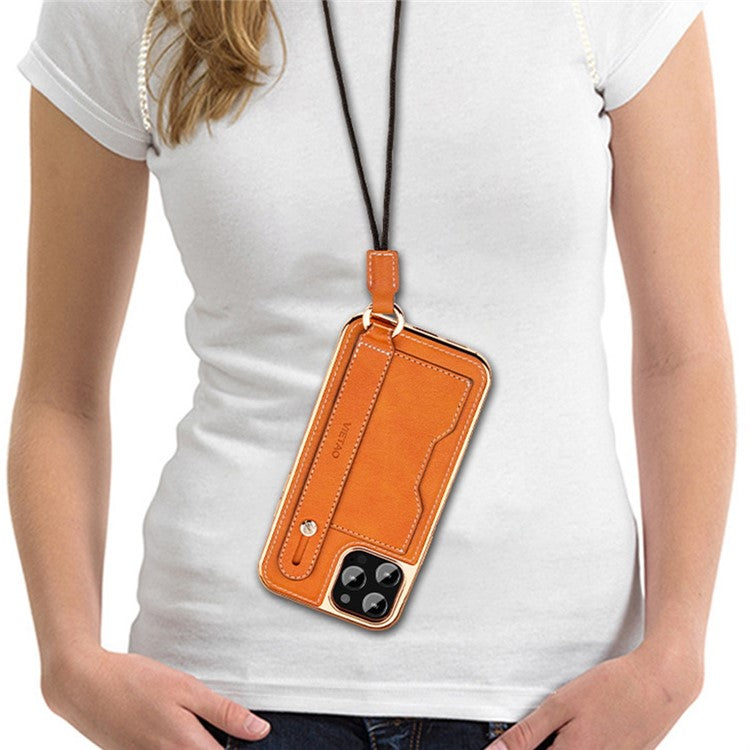 VIETAO For iPhone 14 Pro Max Anti-drop Phone Case Kickstand Scratch-resistant Electroplating Phone Cover with Card Slot and Lanyard - Blue