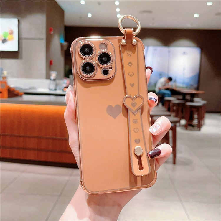 For iPhone 14 Pro Max Case Side Edge Small Love Pattern TPU Phone Cover Wristband - Brown