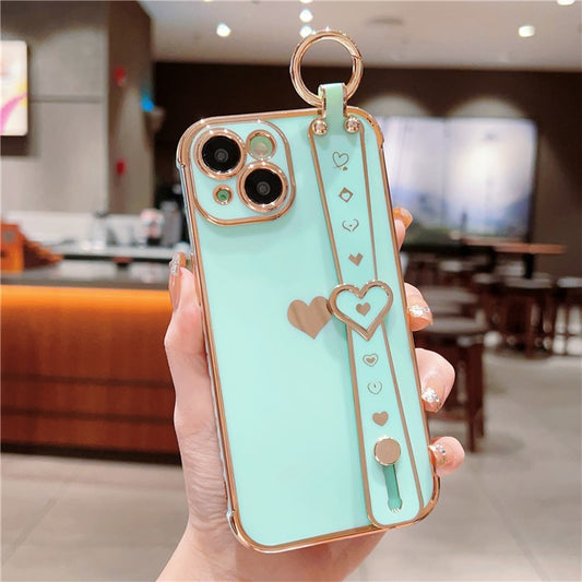 For iPhone 14 Case Soft TPU Phone Cover Wristband Ring Holder Luxury Love Heart - Mint Green