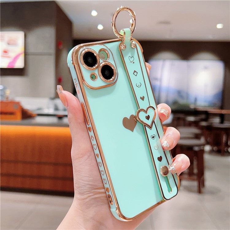 For iPhone 14 Case Soft TPU Phone Cover Wristband Ring Holder Luxury Love Heart - Mint Green