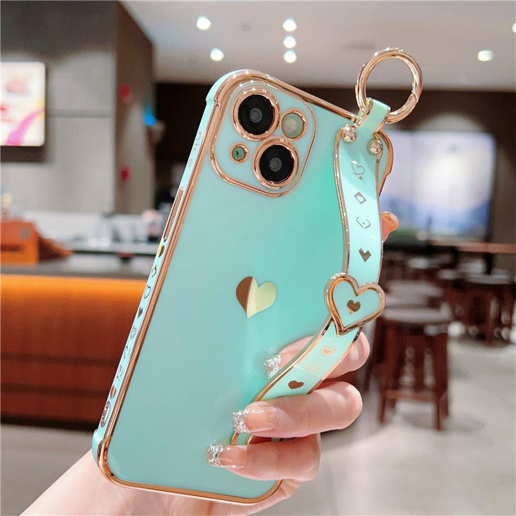 For iPhone 14 Case Soft TPU Phone Cover Wristband Ring Holder Luxury Love Heart - Mint Green