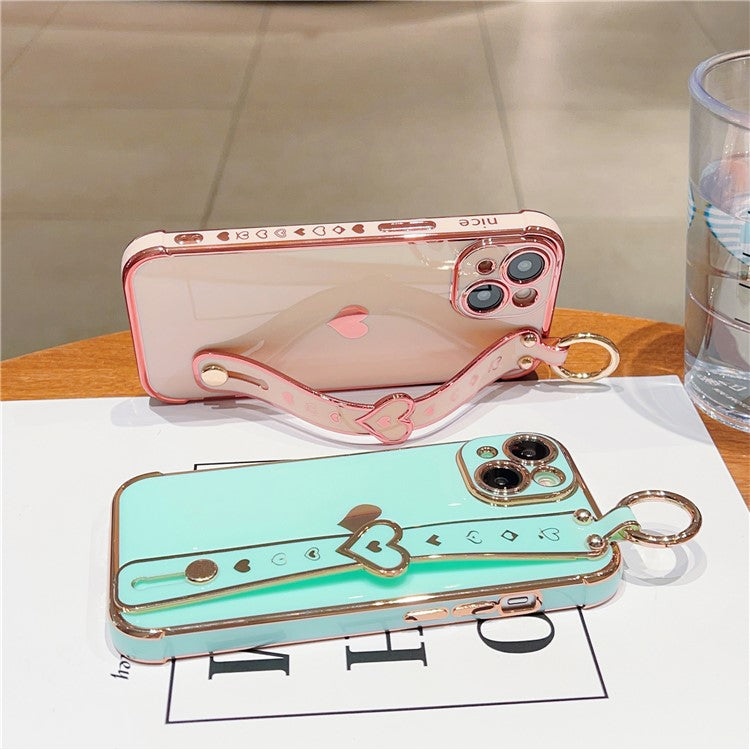 For iPhone 14 Case Soft TPU Phone Cover Wristband Ring Holder Luxury Love Heart - Mint Green