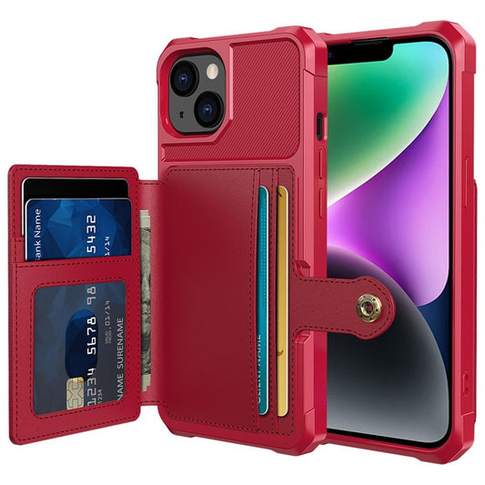 ZM03 for iPhone 14 Anti-drop Phone Case Kickstand Card Holder Anti-scratch Protective Phone Back Cover with Magnetic Metal Sheet - Red