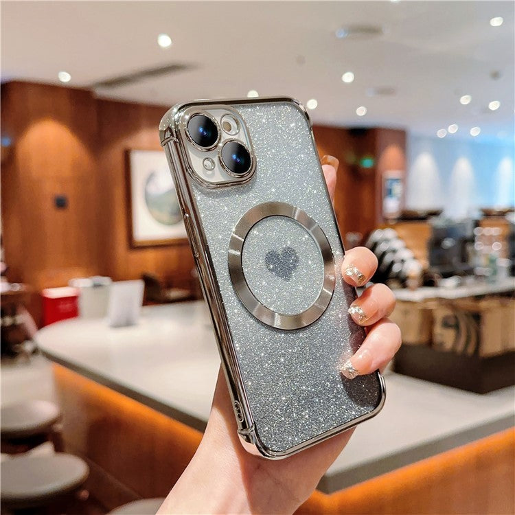 For iPhone 14 Case Compatible with MagSafe Electroplating TPU Phone Cover Aesthetic Glitter Love Heart - Silver