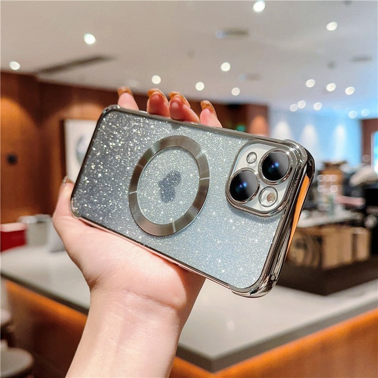 For iPhone 14 Case Compatible with MagSafe Electroplating TPU Phone Cover Aesthetic Glitter Love Heart - Silver