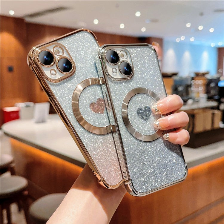 For iPhone 14 Case Compatible with MagSafe Electroplating TPU Phone Cover Aesthetic Glitter Love Heart - Silver