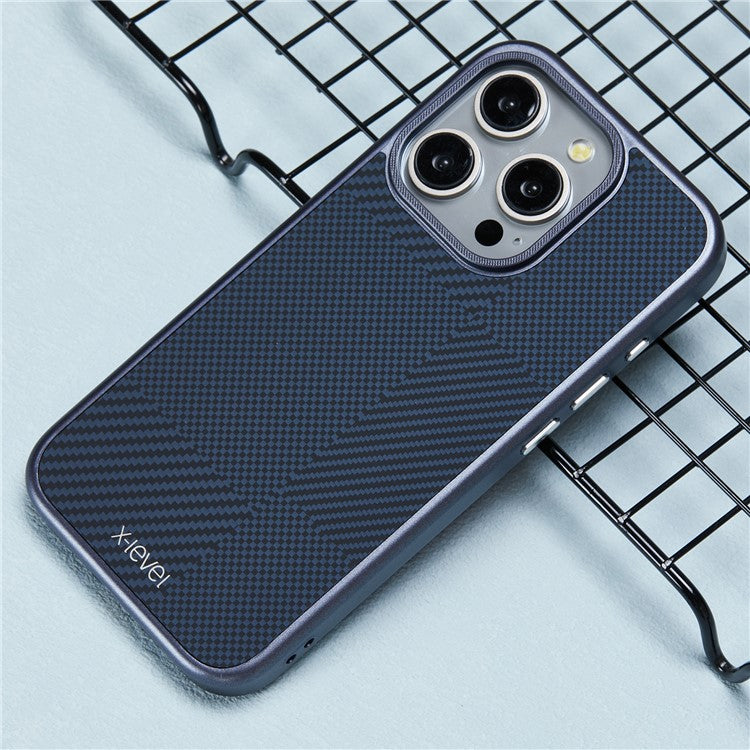X-LEVEL For iPhone 14 Pro Case Hard PC Scratch-Resistant Phone Cover Carbon Nano Fiber Texture - Blue