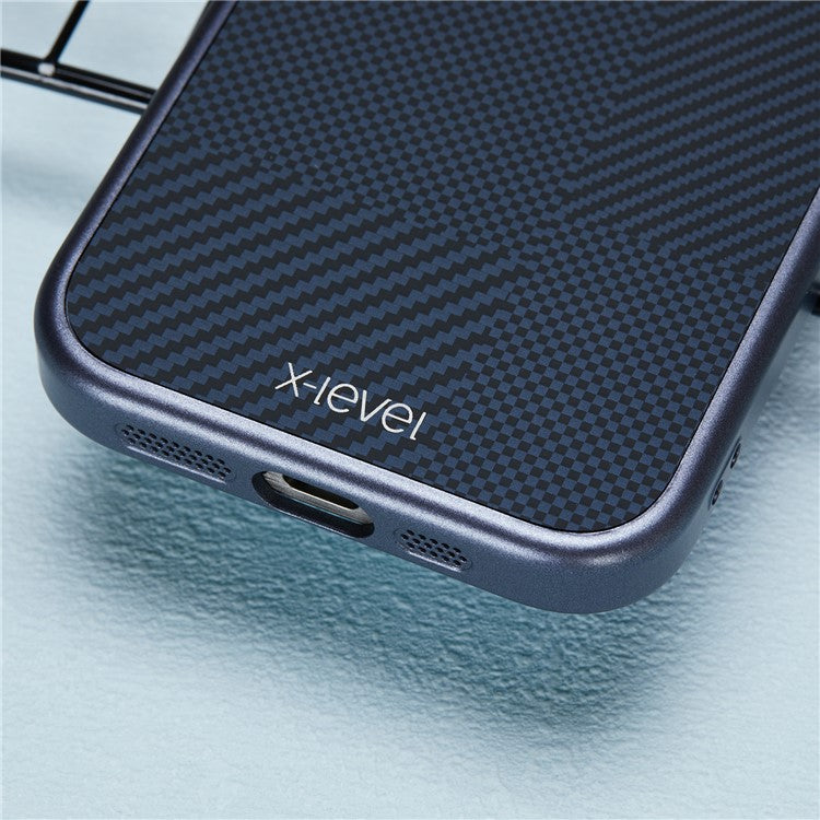X-LEVEL For iPhone 14 Pro Case Hard PC Scratch-Resistant Phone Cover Carbon Nano Fiber Texture - Blue