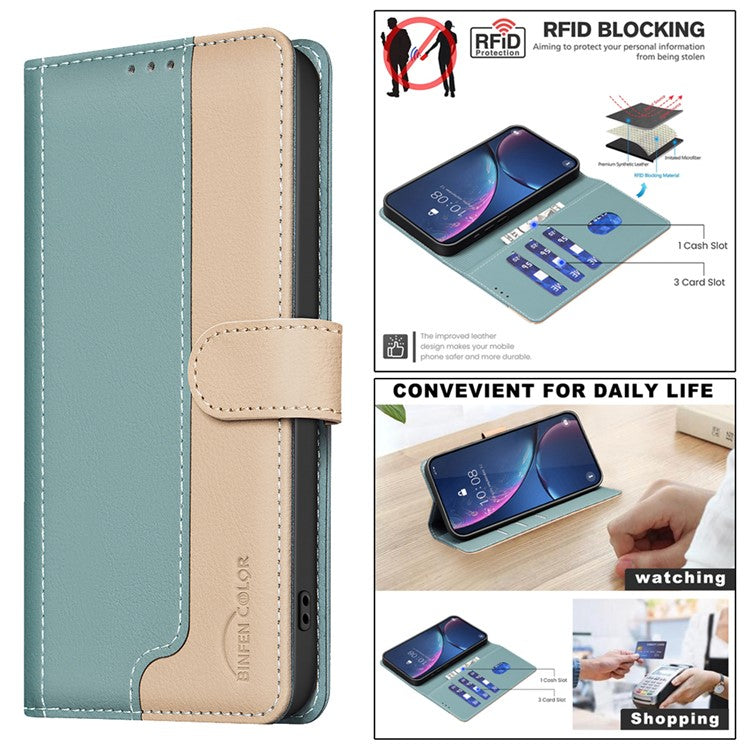BINFEN COLOR BF33 For iPhone 14 / 13 Case Splicing Color PU Leather Protective Phone Cover - Green