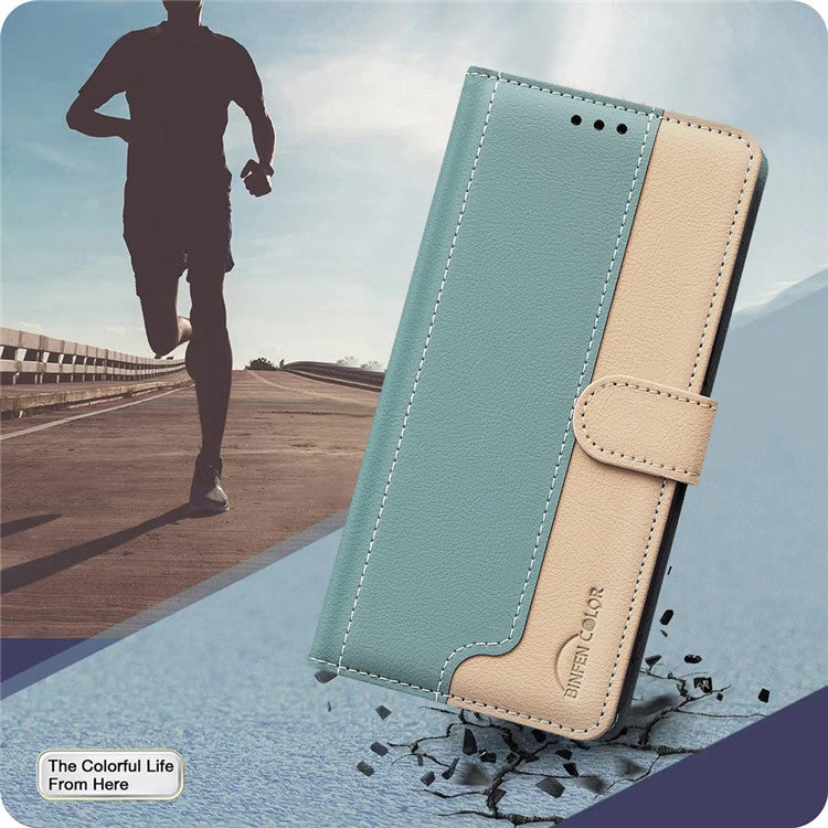 BINFEN COLOR BF33 For iPhone 14 / 13 Case Splicing Color PU Leather Protective Phone Cover - Green