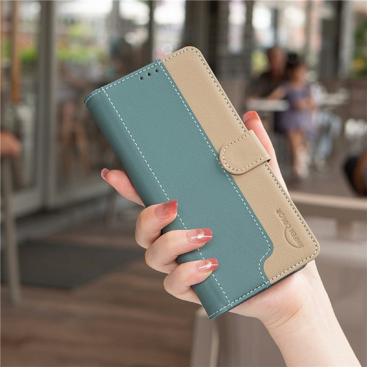 BINFEN COLOR BF33 For iPhone 14 / 13 Case Splicing Color PU Leather Protective Phone Cover - Green