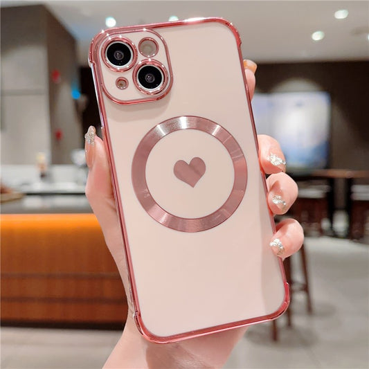 For iPhone 14 Case Compatible with MagSafe Heart Pattern TPU Phone Cover - Rose Pink