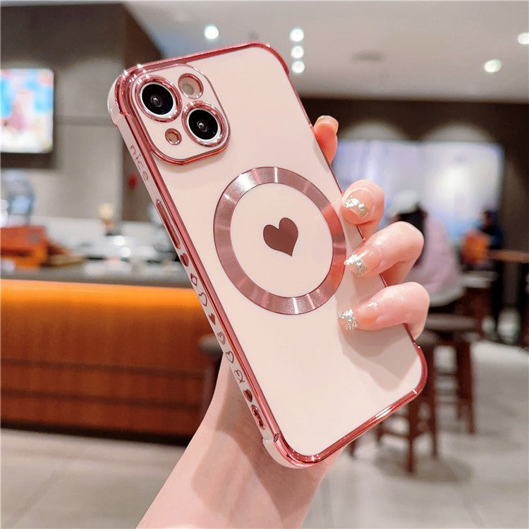 For iPhone 14 Case Compatible with MagSafe Heart Pattern TPU Phone Cover - Rose Pink
