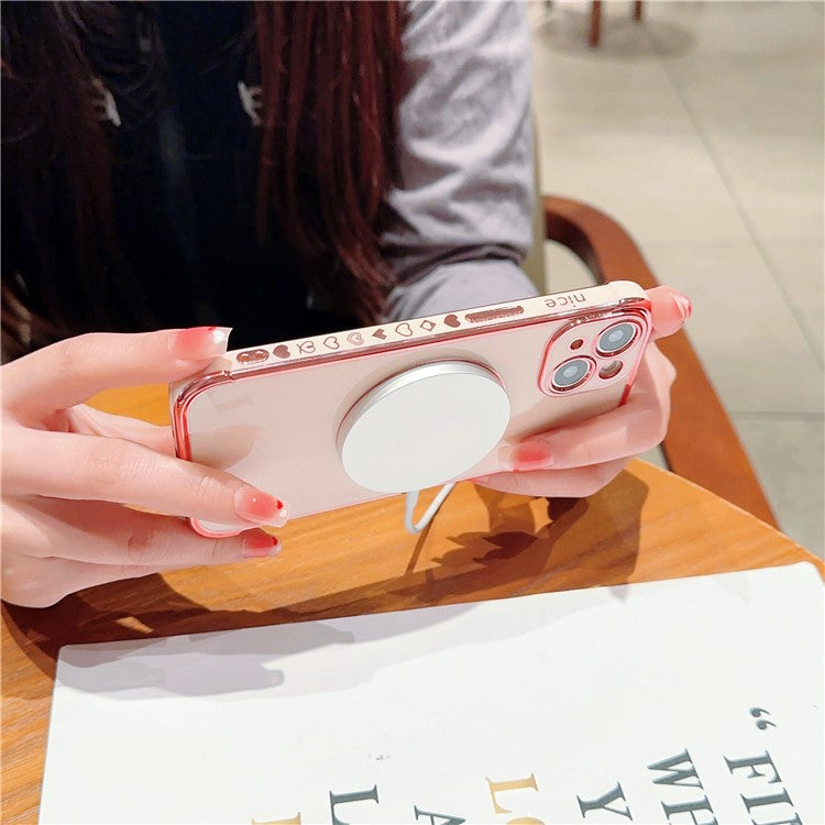 For iPhone 14 Case Compatible with MagSafe Heart Pattern TPU Phone Cover - Rose Pink