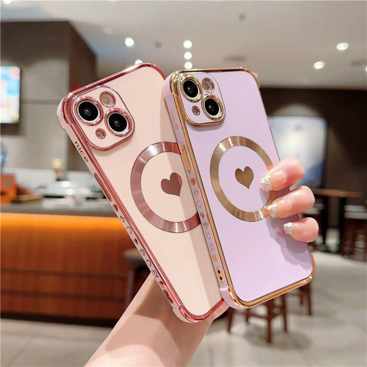 For iPhone 14 Case Compatible with MagSafe Heart Pattern TPU Phone Cover - Rose Pink