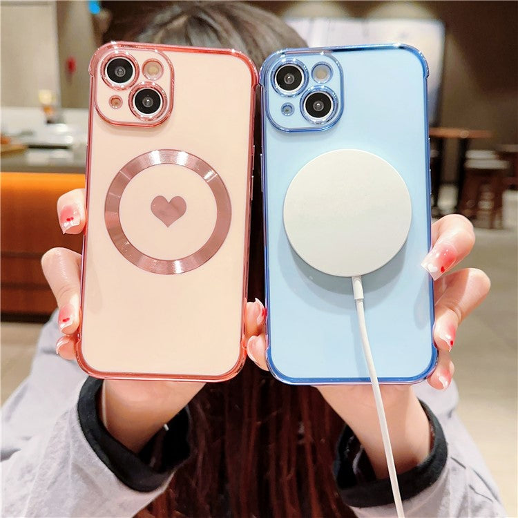 For iPhone 14 Case Compatible with MagSafe Heart Pattern TPU Phone Cover - Rose Pink