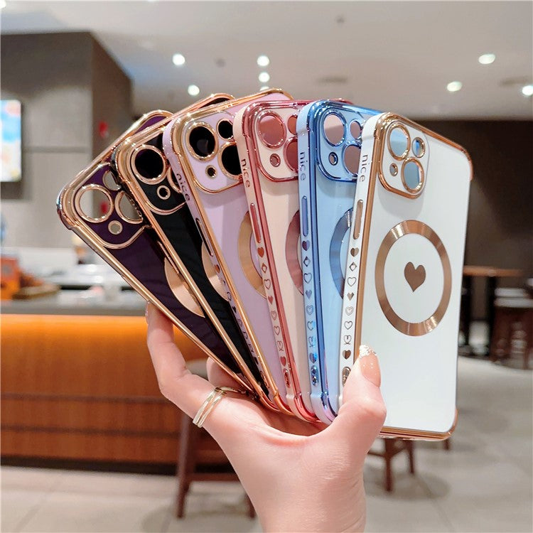 For iPhone 14 Case Compatible with MagSafe Heart Pattern TPU Phone Cover - Rose Pink