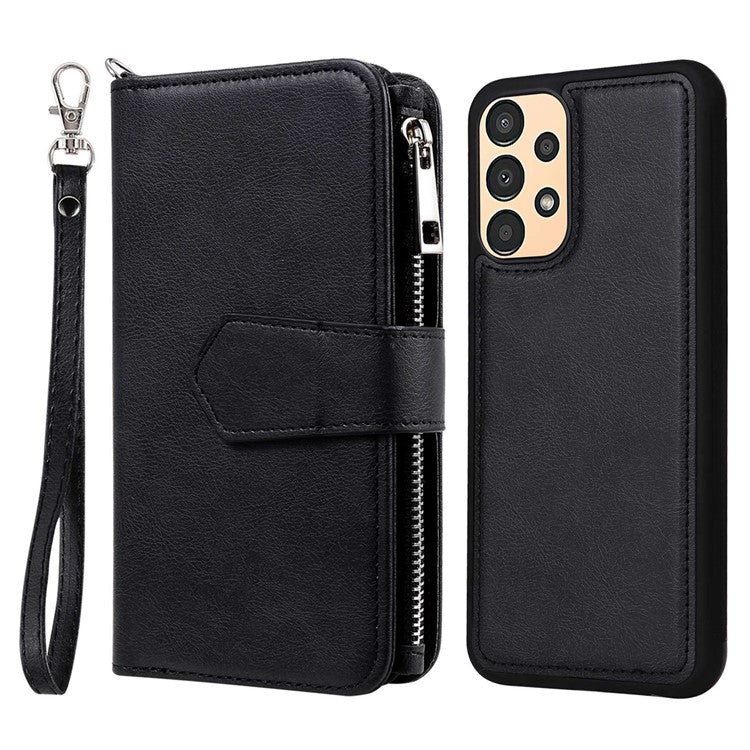 KT Multi-functional Series-4 for Samsung Galaxy A13 4G Shockproof Phone Cover Adjustable Stand PU Leather Wallet Case with Zipper Pocket - Black