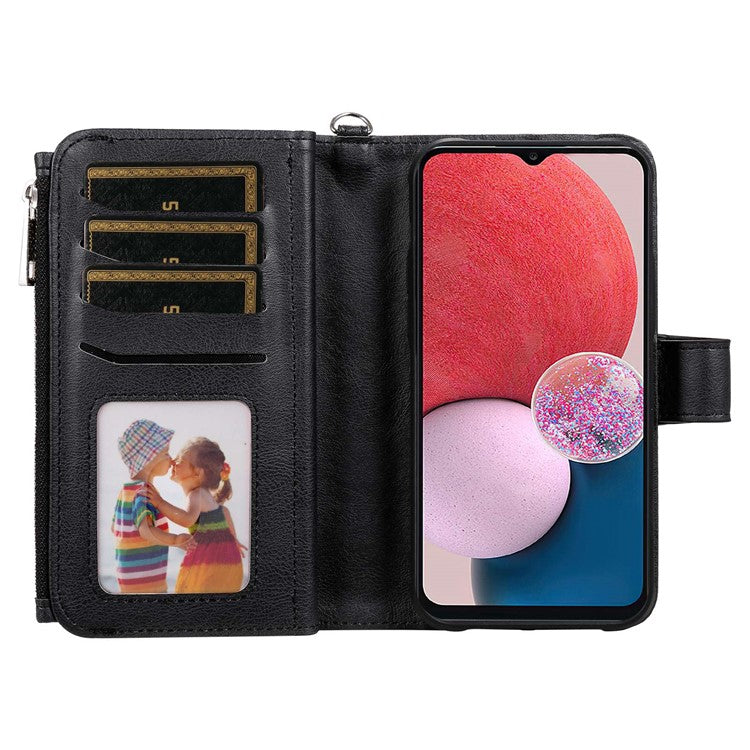 KT Multi-functional Series-4 for Samsung Galaxy A13 4G Shockproof Phone Cover Adjustable Stand PU Leather Wallet Case with Zipper Pocket - Black